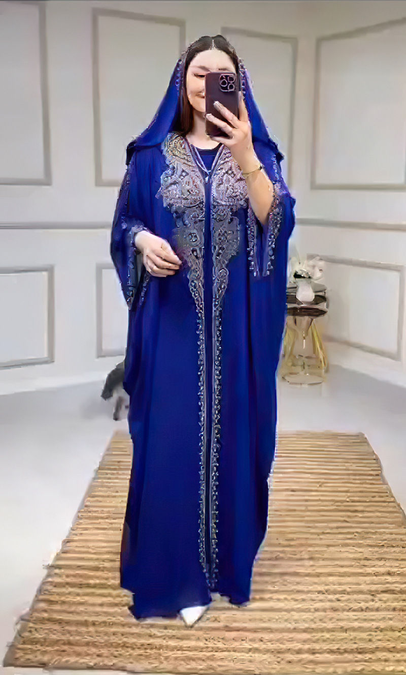Thumbnail: Eid Muslim Dress for Women Hooded Abaya 2 Piece Set Diamond Jalabiya Morocco Par