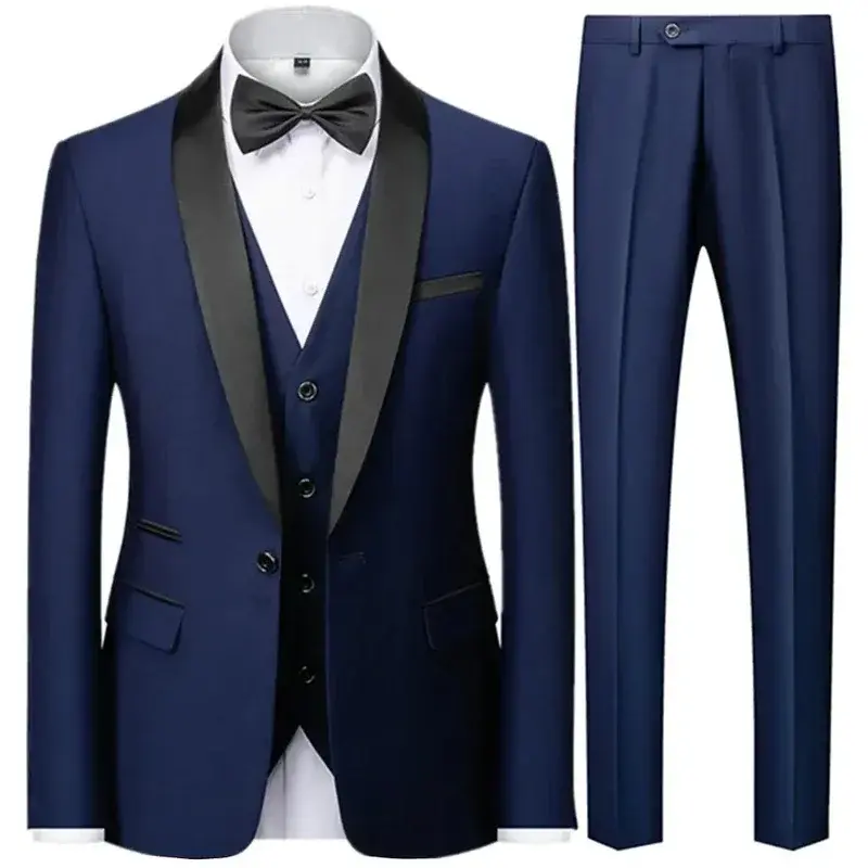 Thumbnail: Black Men Autumn Wedding Party Three Pieces Set Large Size Male Blazer Coat Pant