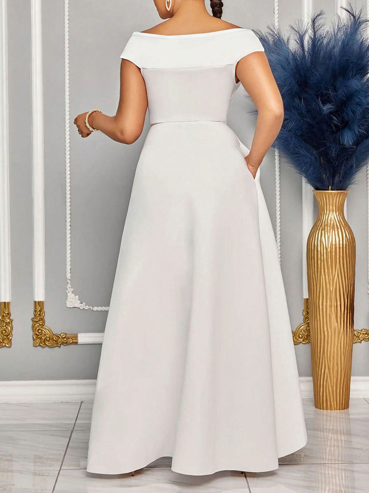 Thumbnail: Off Shoulder Evening Dress Women Solid Maxi Long Dresses With Sleeves Wedding Br