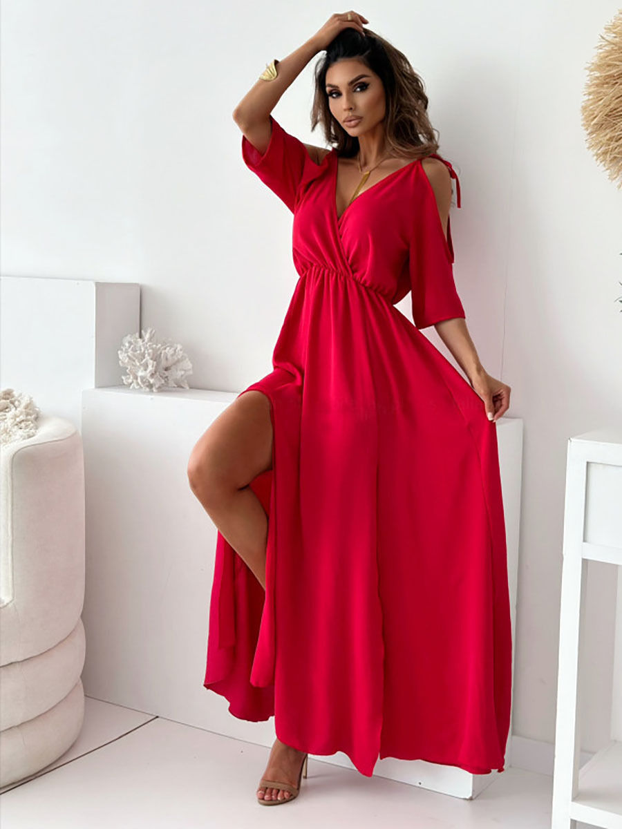 Thumbnail: Summer V-neck Skirt Slit Dress Off-shoulder Sleeves Sexy Spaghetti Strap Dress F