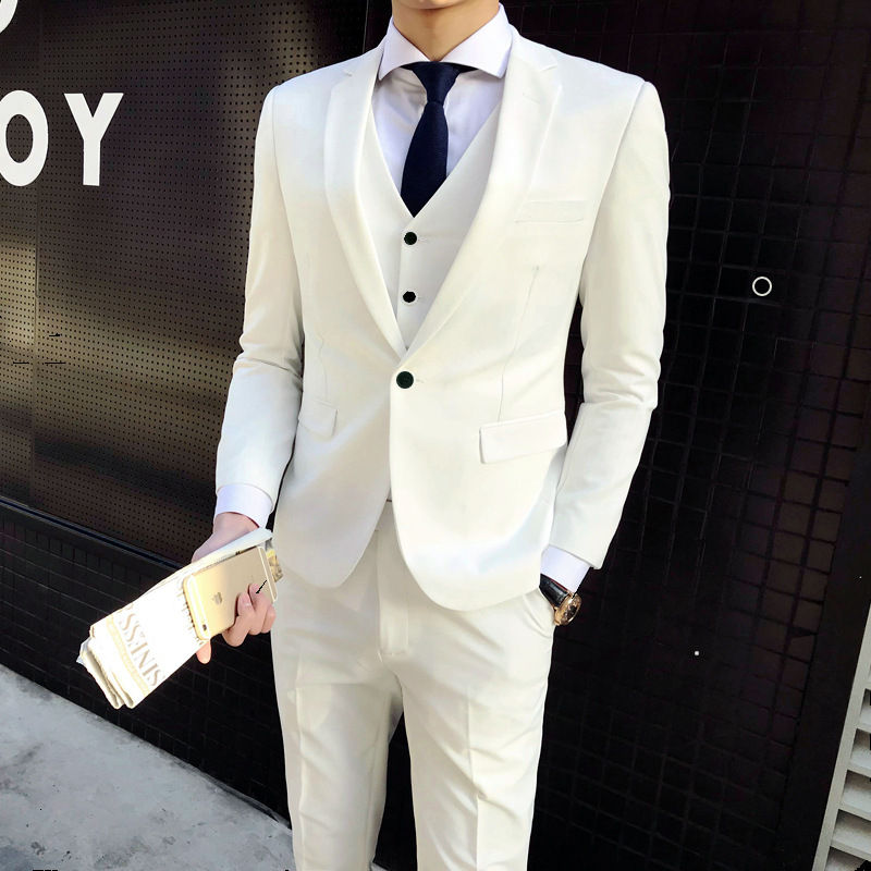Thumbnail: Casual Wedding Groomsmen Three-Piece Suit English Style Slim Fit Cotton Blend Si