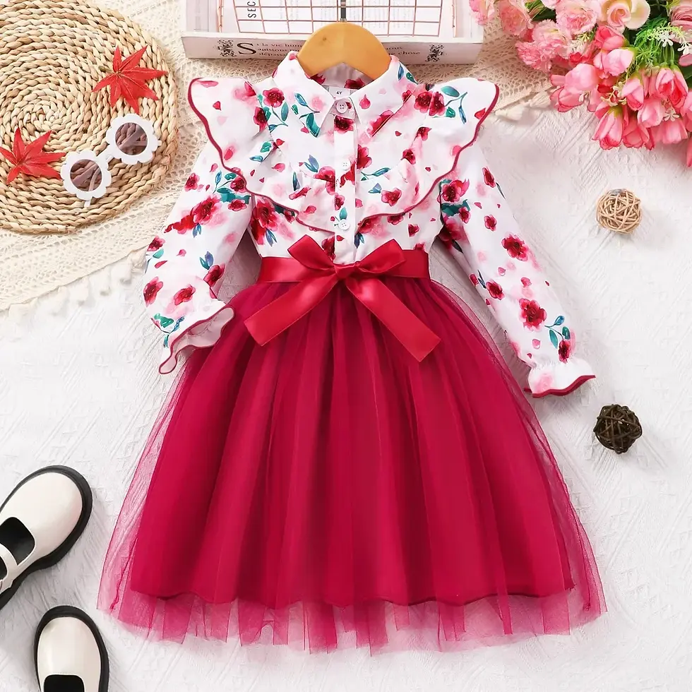 Thumbnail: New Autumn Kids Girls Dress Long Sleeve Spring Gauze Belt Children Dress Soft Ve