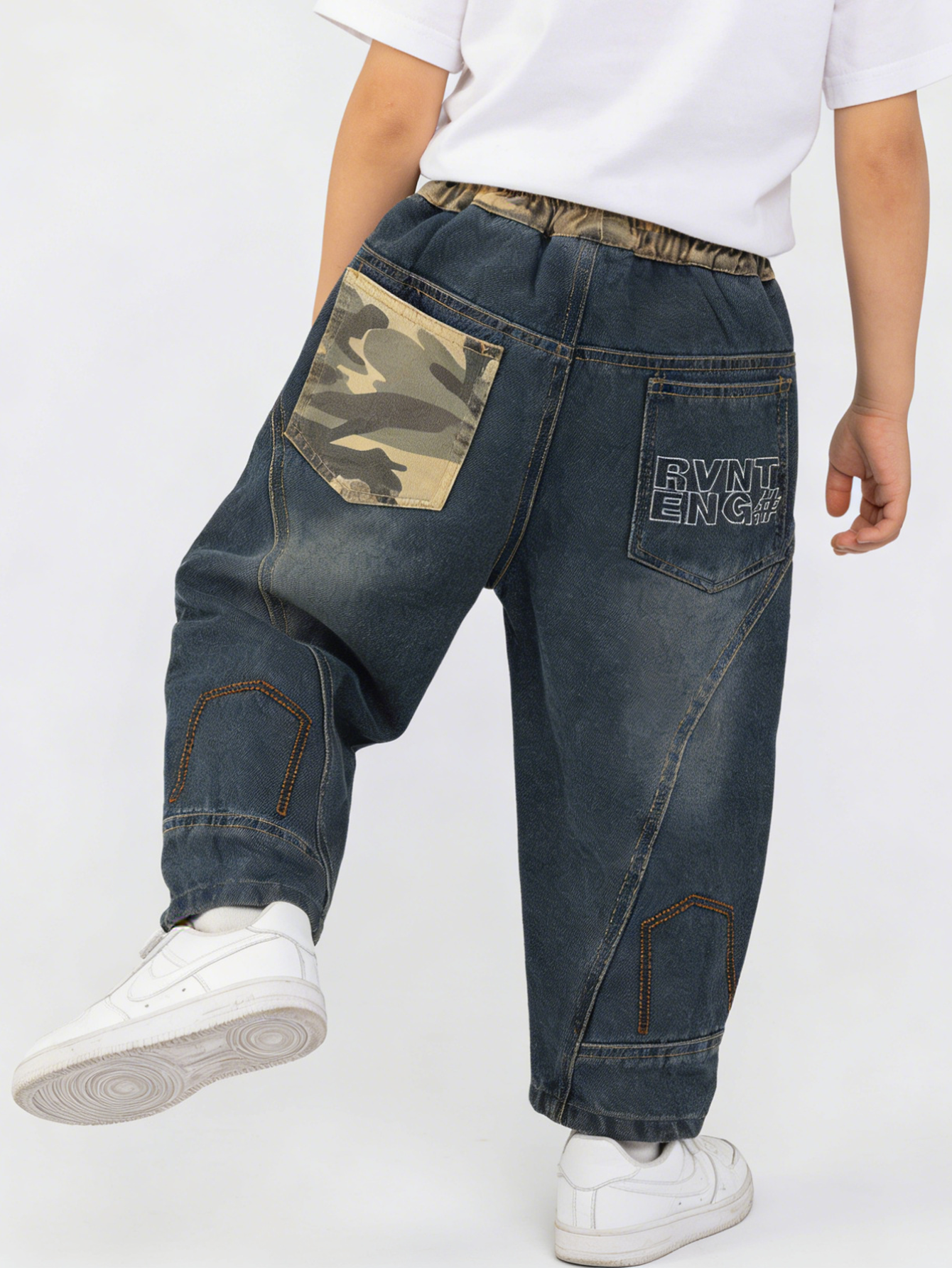 Boys Vintage Washed Camo Patch Jeans Kids Loose Fit Baggy Denim Pants Children C