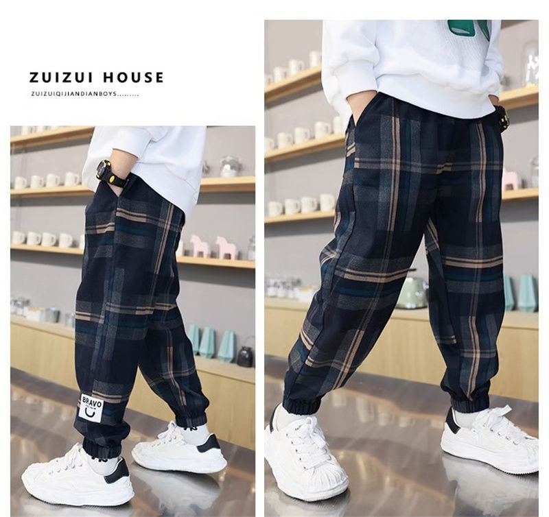 Thumbnail: Boys Thick Plaid Pants Spring Autumn Girls Plus Velvet Warm Drawstring Kids Tren