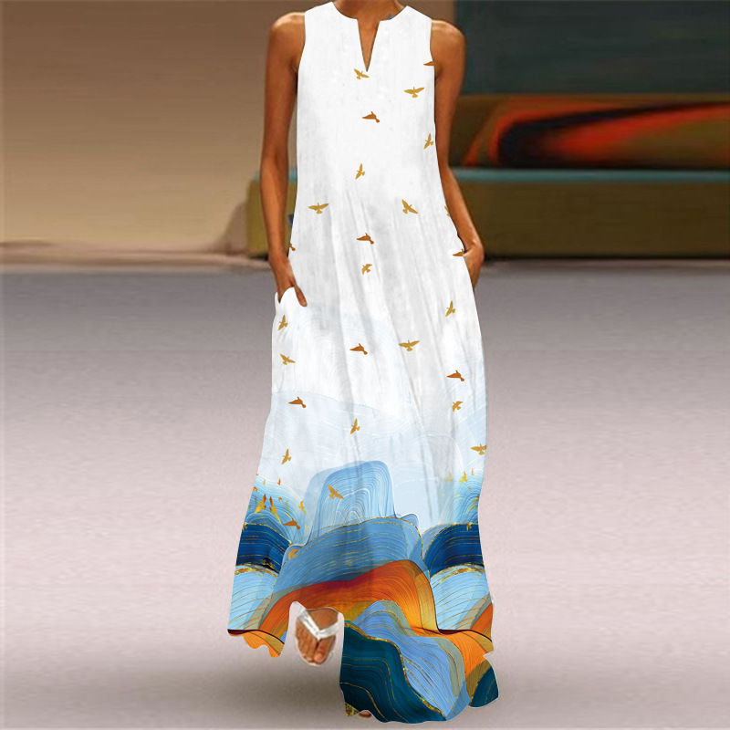 Thumbnail: Vintage Print Maxi Dress For Women Summer Loose Sleeveless Long Dresses Elegant 