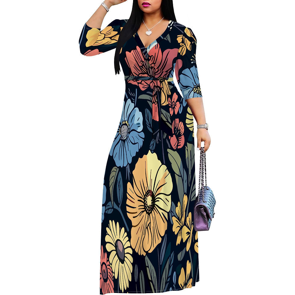Thumbnail: Sexy V Neck Print Maxi Dress for Women Casual Loose 3/4 Sleeves Outfits with Bel