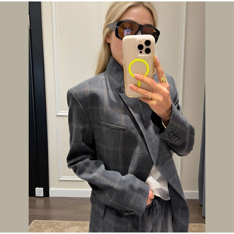 Thumbnail: Women Irregular Plaid Blazer Jacket Fashion Stand Collar Full Sleeve Split Loose