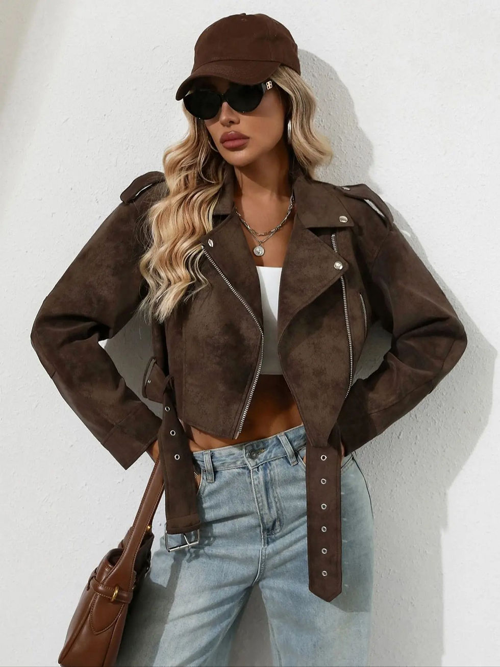 Thumbnail: Women Faux Suede Leather Cropped Jacket Vegan Motor Biker Coat Bomber Causal Out