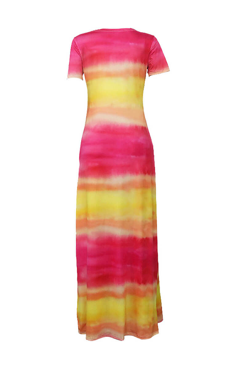 Thumbnail: Women's Tie Dye Maxi Dress Short Sleeve Crew Neck Bodycon Elegant Slim Fit Casua