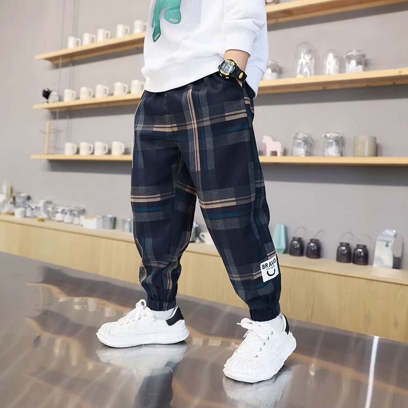 Thumbnail: 2024 Fashion Boys Cotton Plaid Pants Spring Autumn Toddler Casual Kids Loose Tro