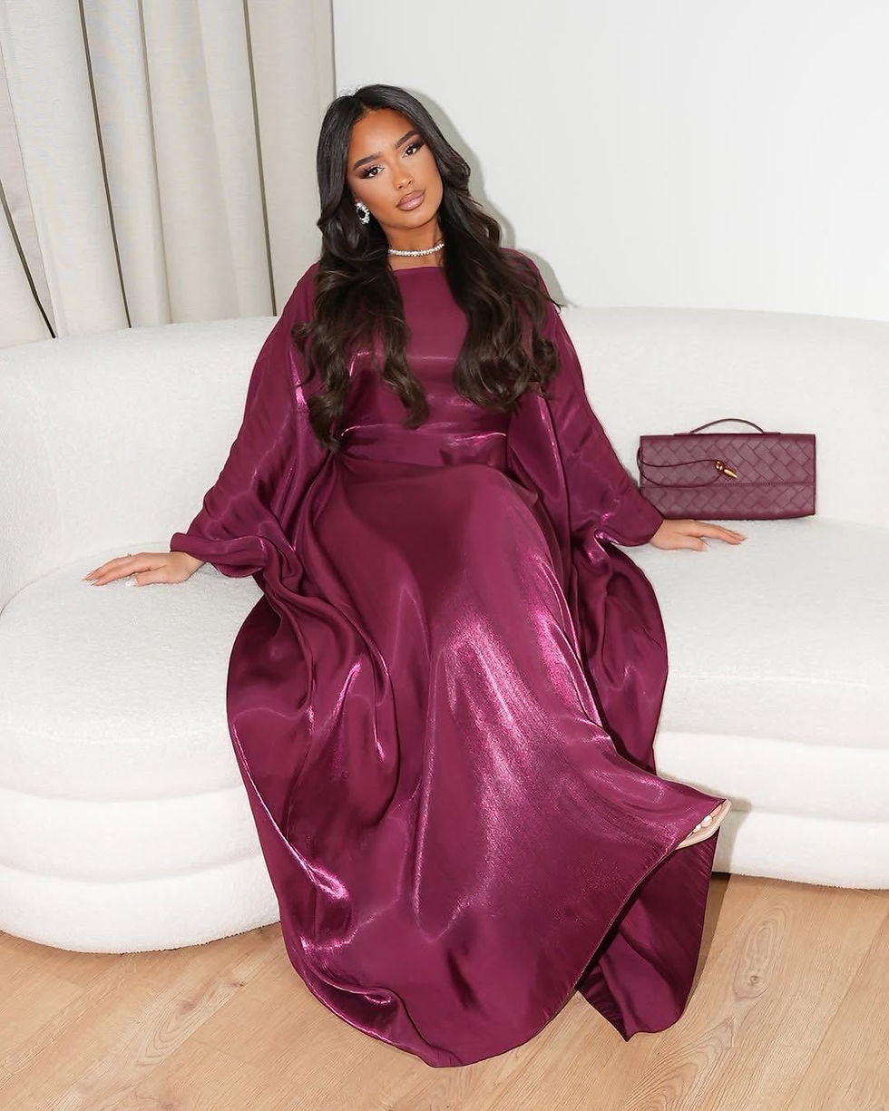 Thumbnail: Rose Muslim Kaftan Dress Shiny Batwing Satin Maxi Abaya Dubai Luxury 2025 Abaya 
