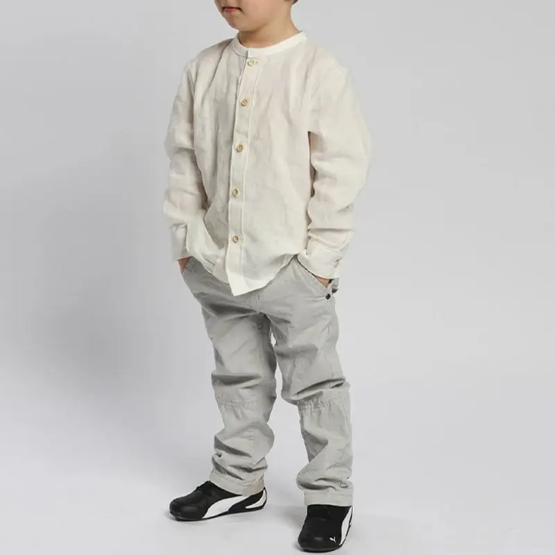 Thumbnail: Retro Linen Long Sleeves White Shirt With Wooden Buttons For Boys Spring New Tod