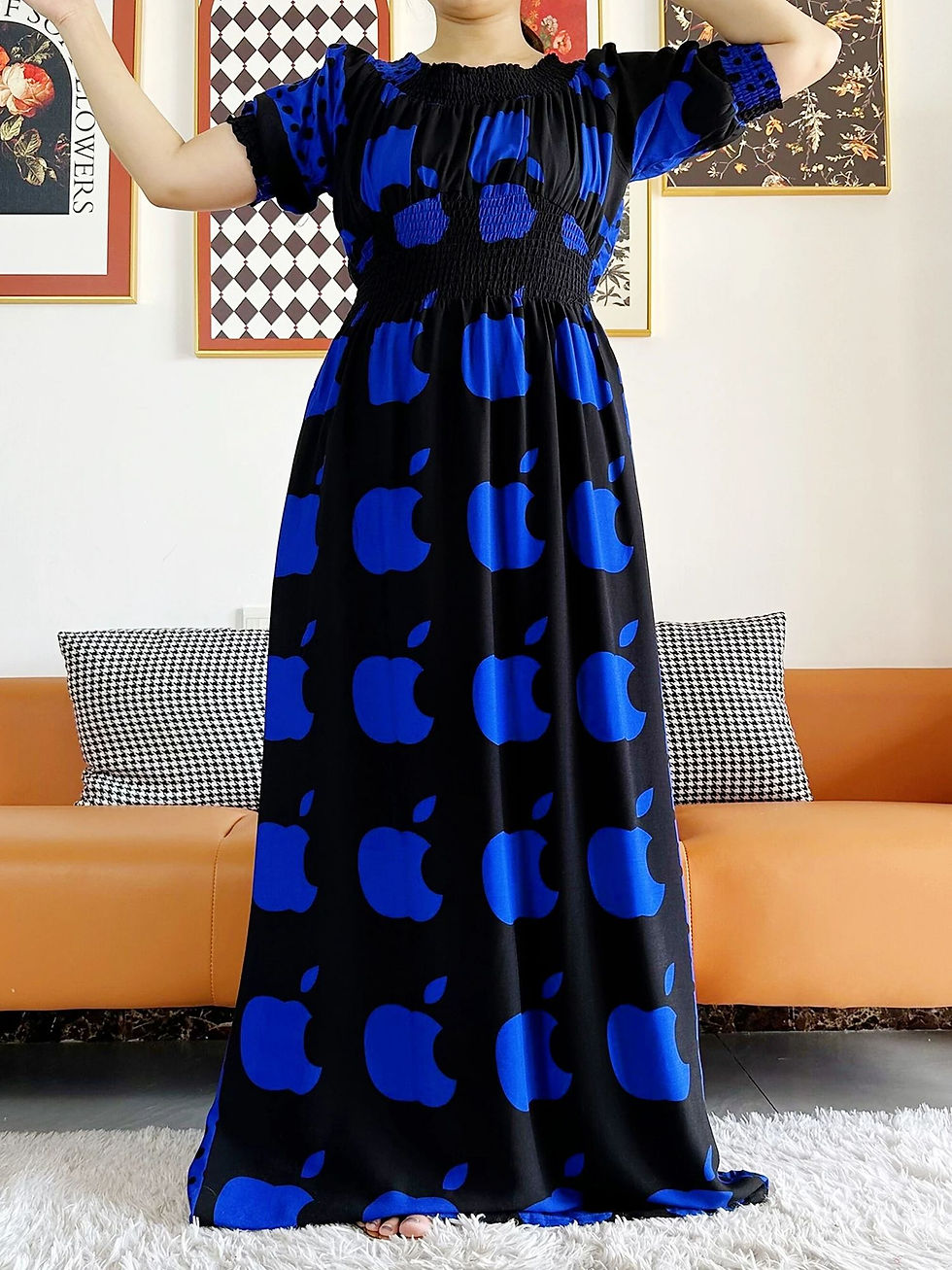 Thumbnail: Women Party Dress Muslim Summer Short Sleeve Long Dress Collect Waist Floral Bou