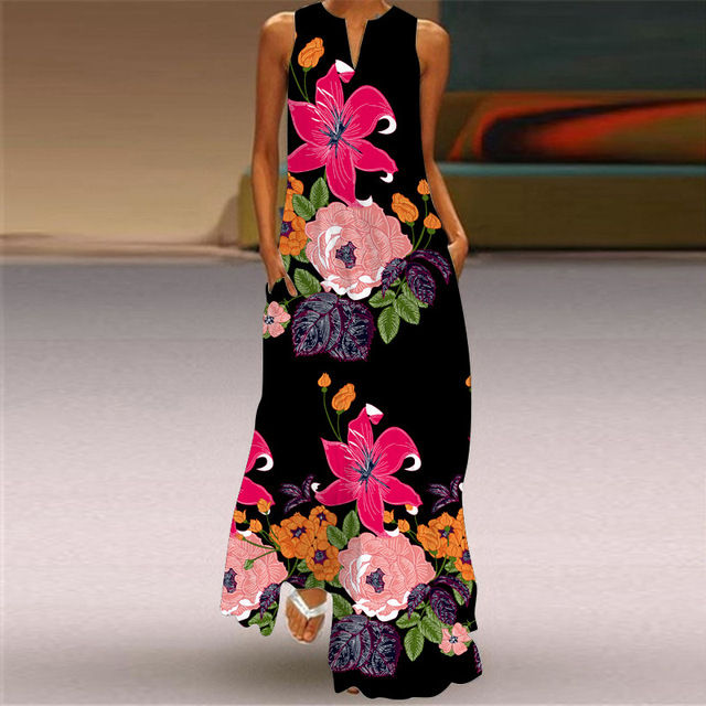 Thumbnail: 3D Floral Printed Women Dress Summer Vintage V-neck Sleeveless Loose Maxi Dress 