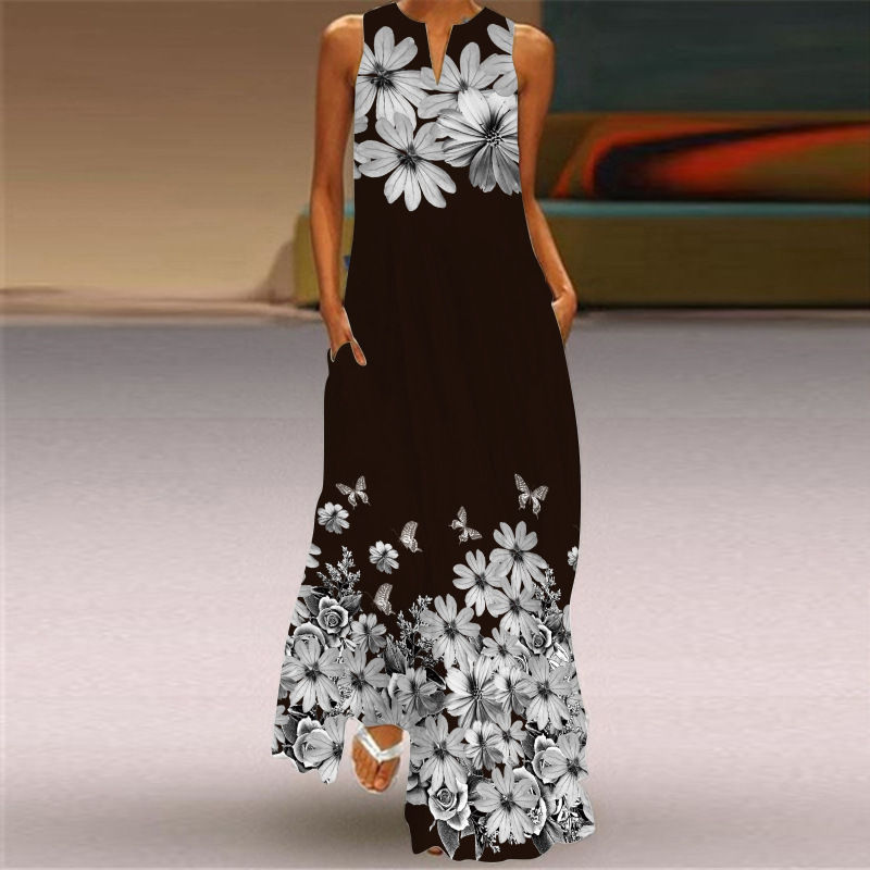 Thumbnail: 3D Floral Printed Women Dress Summer Vintage V-neck Sleeveless Loose Maxi Dress 