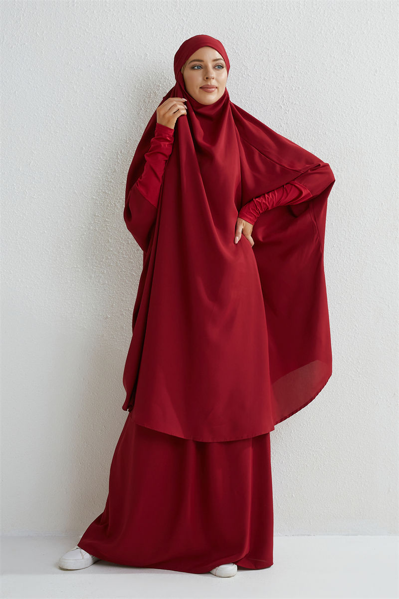 Thumbnail: Muslim Sets Two Pieces Prayer Clothing Long Hooded Smocking Sleeve Shirts Hijab 
