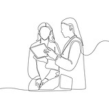 Heilpraktikerin spricht mit einer Patientin und es ist ein Bild um das Wort Anamnese zu symbolisieren es ist im Oneline-Design Stil