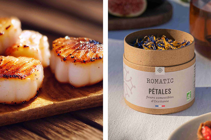 Saint-Jacques snackées et Pétales de ROMATIC