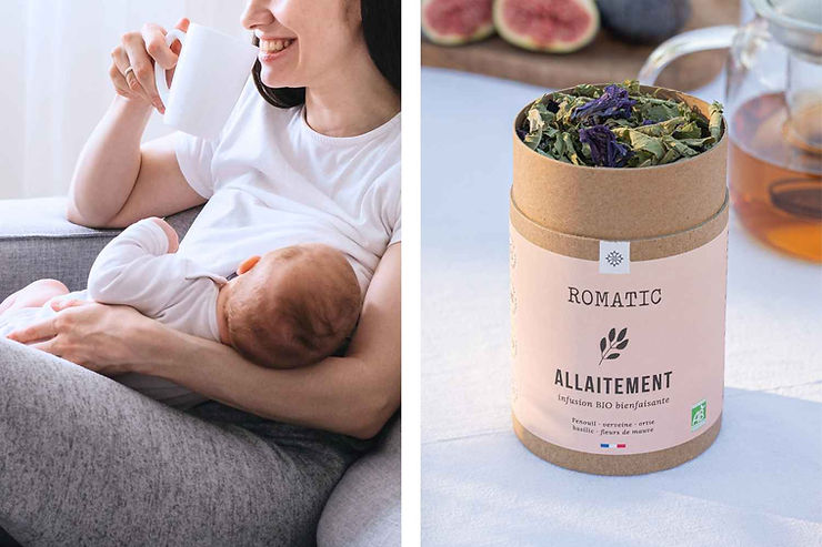 Femme qui allaite son bébé avec l'infusion Sommeil de ROMATIC