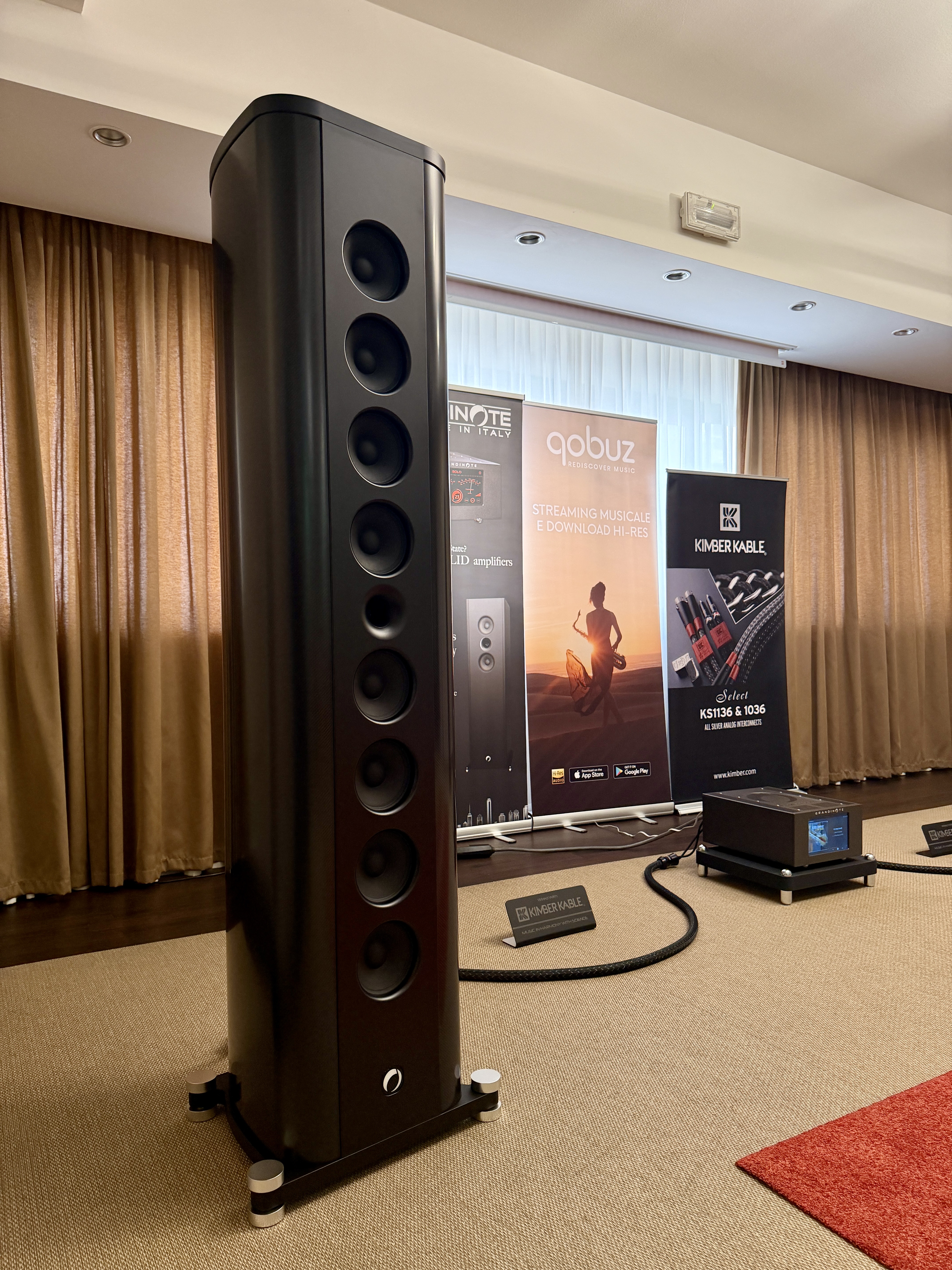 The Mach8 Evoluzione floorstanding speakers standing tall.