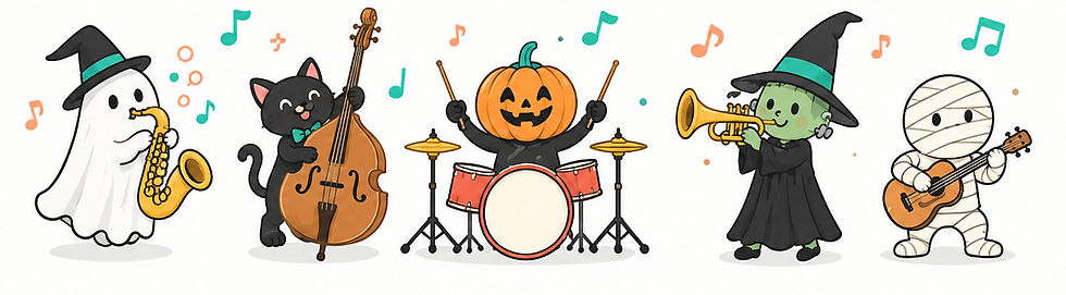 Halloween cartoon band of ghost saxophonist, cat bassist, pumpkin drummer, witch trumpeter, and mummy guitarist with music notes.