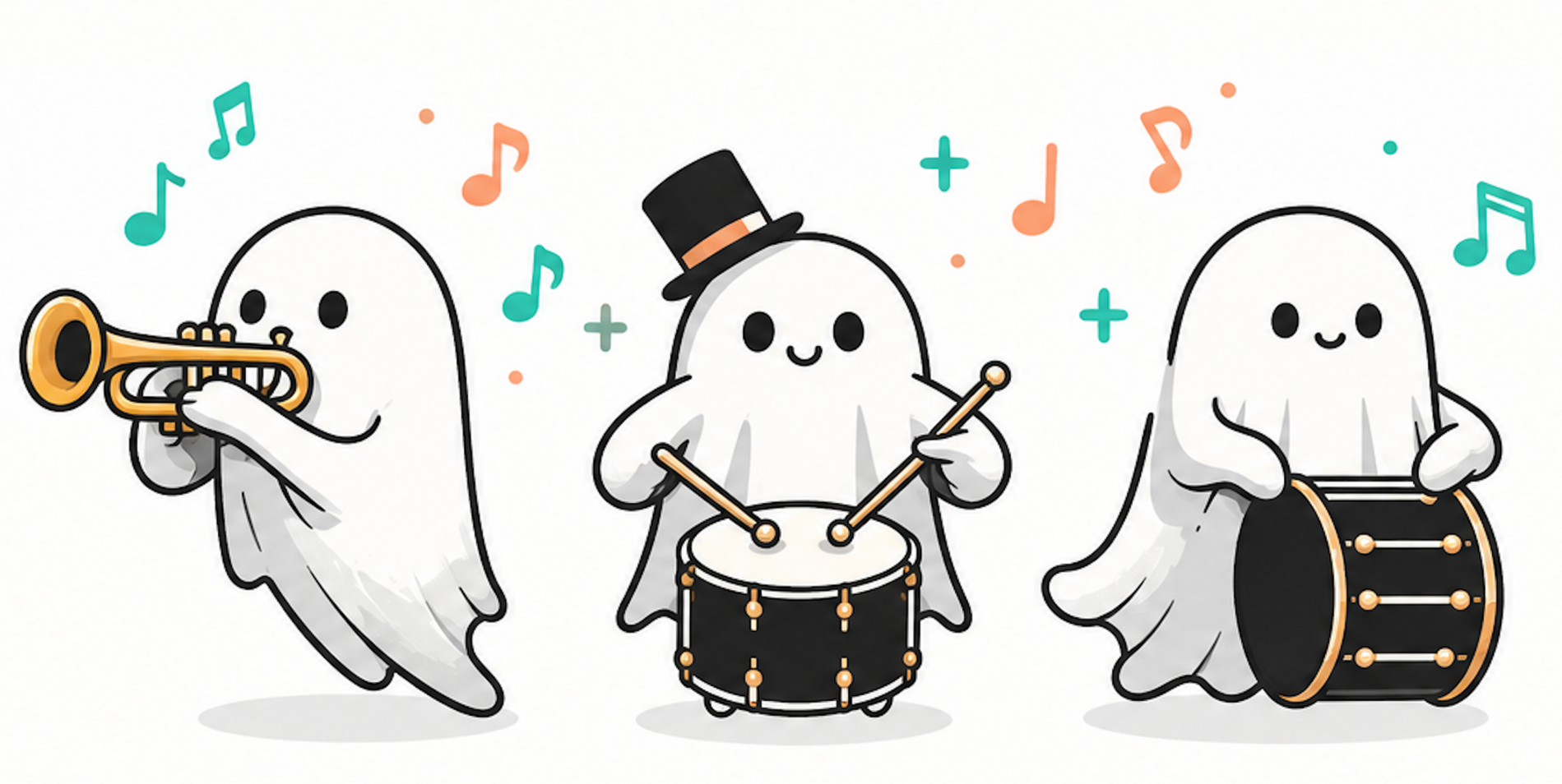 Three smiling cartoon ghosts play trumpet, drum, and bass drum with colorful music notes on a white background.