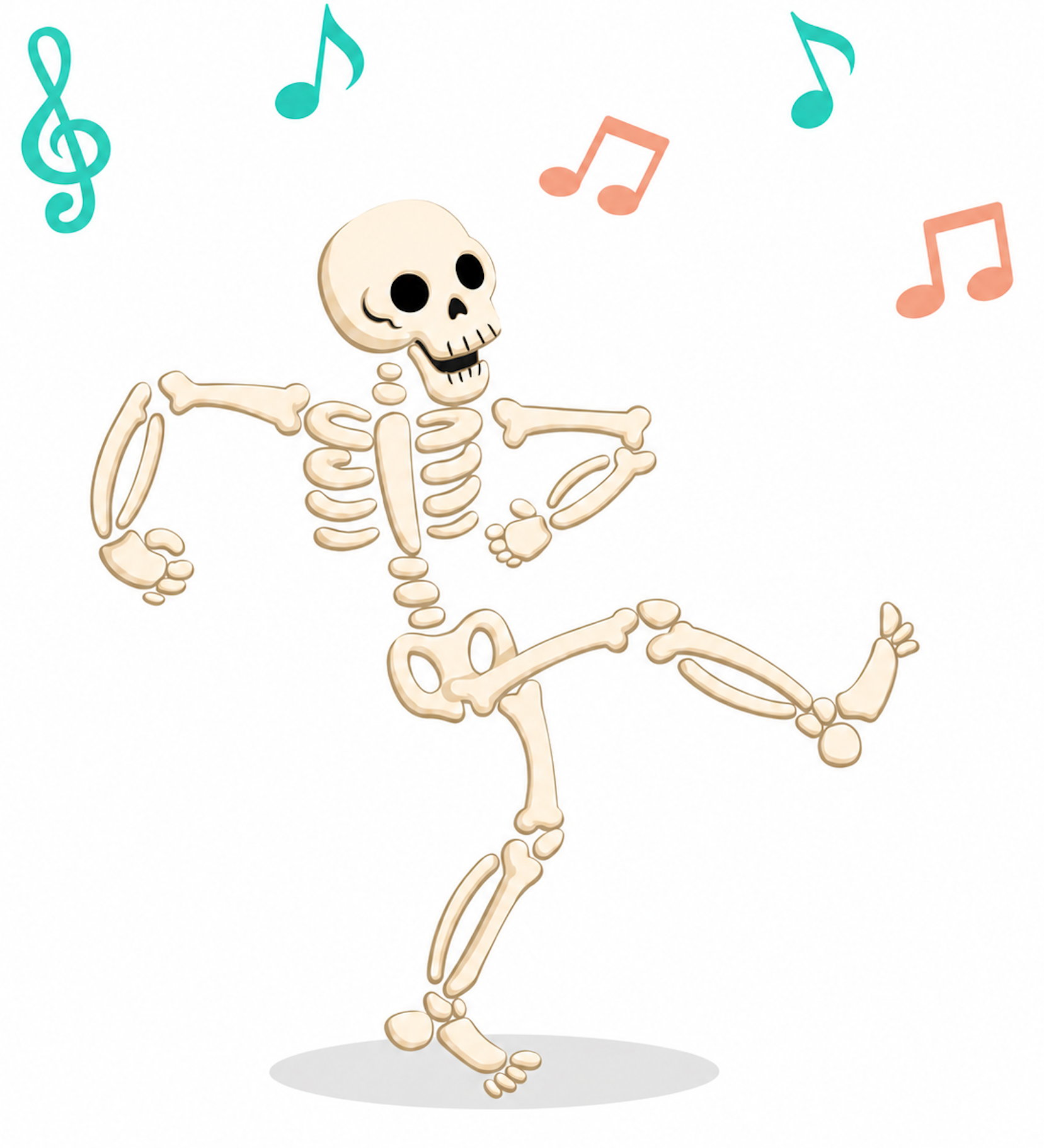 Cartoon skeleton dancing on a white background with teal and orange music notes floating around it