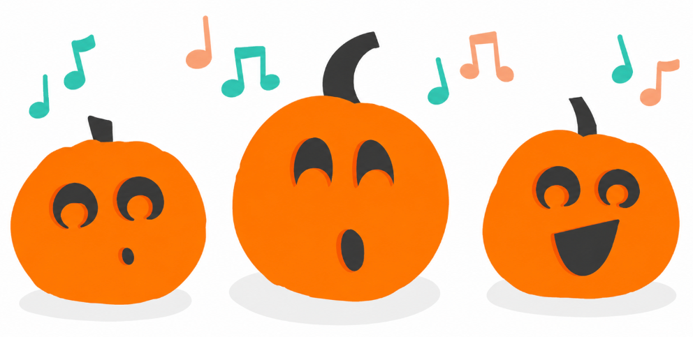 Three smiling cartoon pumpkins with music notes floating above them on a white background, one surprised, one singing.