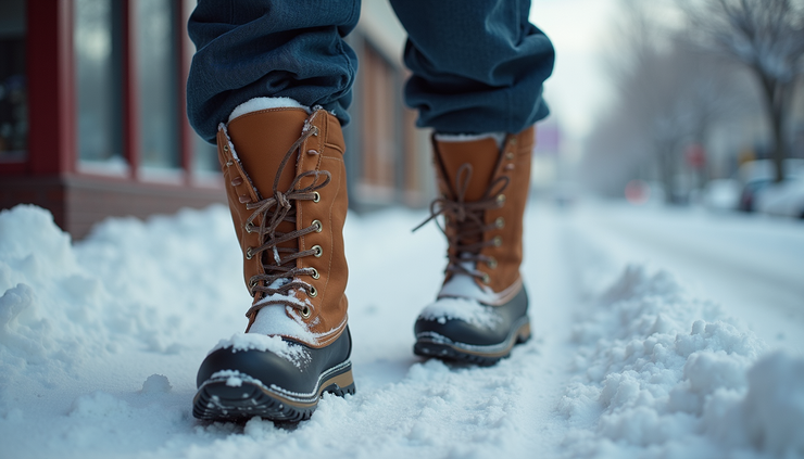 Eye-level view of a pair of sturdy winter boots on a snowy sidewalk in St. Thomas
