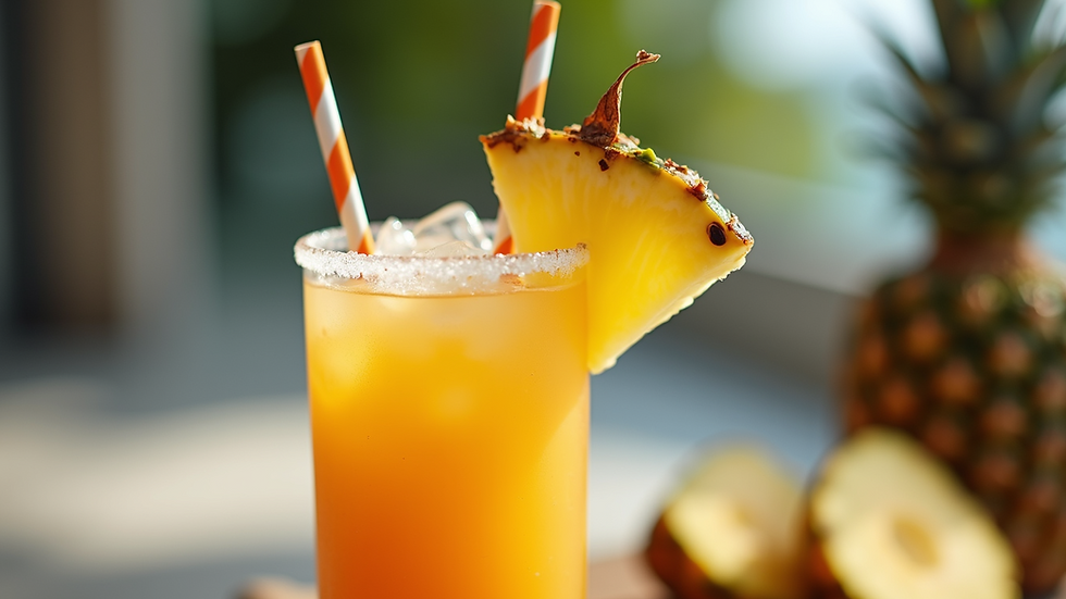 Close-up of a tropical drink garnished with a slice of pineapple