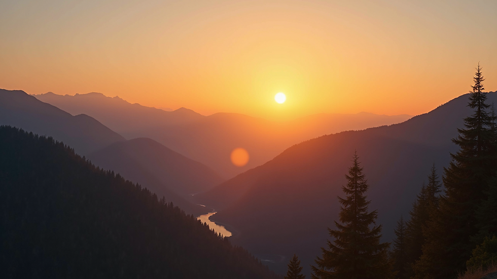 Eye-level view of a serene mountain landscape at sunset