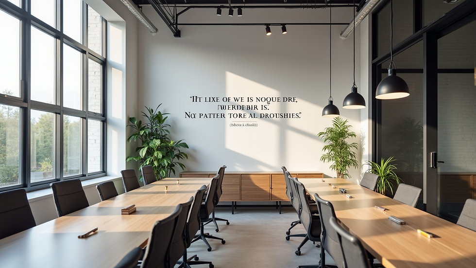 High angle view of a modern office with a visionary quote on the wall