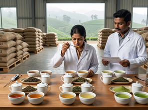 Professional B2B tea cupping setup with various tea liquor grades and fresh leaves for cafe and hotel wholesale selection.