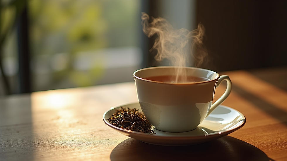 High angle view of a steaming cup of organic Darjeeling tea on a wooden table