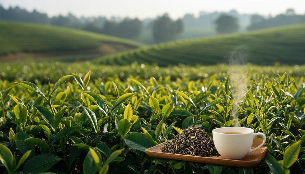 Close-up view of fresh tea leaves on a plantation in Assam