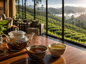 Hospitality tea service with glass teapot and ceramic cups in a hotel lounge overlooking misty tea plantation hills.