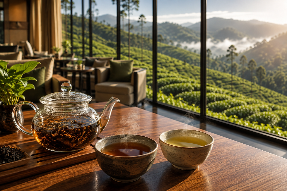 Hospitality tea service with glass teapot and ceramic cups in a hotel lounge overlooking misty tea plantation hills.