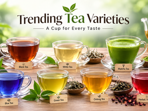 Trending tea varieties featuring black tea, white tea, matcha, blue tea, green tea, oolong tea, and herbal fruit tea in cups.