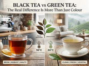 Side-by-side visual comparison of black tea and green tea displaying cup liquor colors, leaf oxidation states, and recommended brewing temperatures of 95°C and 80°C.