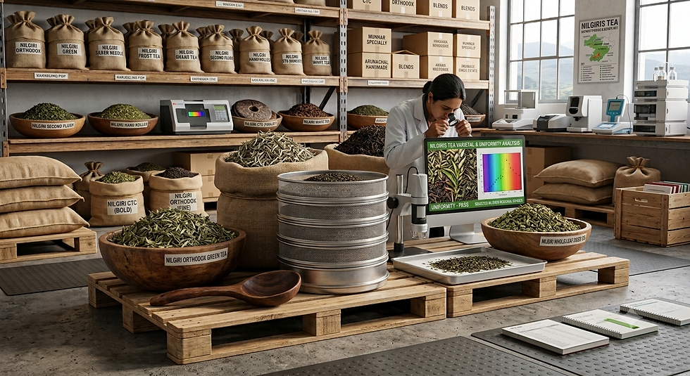 Premium wholesale tea undergoing meticulous quality control testing for leaf uniformity.