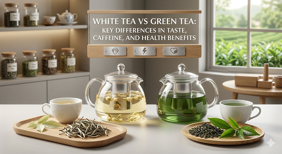 A professional blog banner comparing white tea and green tea side by side on a bright tabletop. On the left, a glass teapot infuses pale white tea next to loose silver needle buds on a wooden tray. On the right, a matching teapot infuses vibrant green tea next to rolled loose green tea leaves and fresh green tea sprigs.
