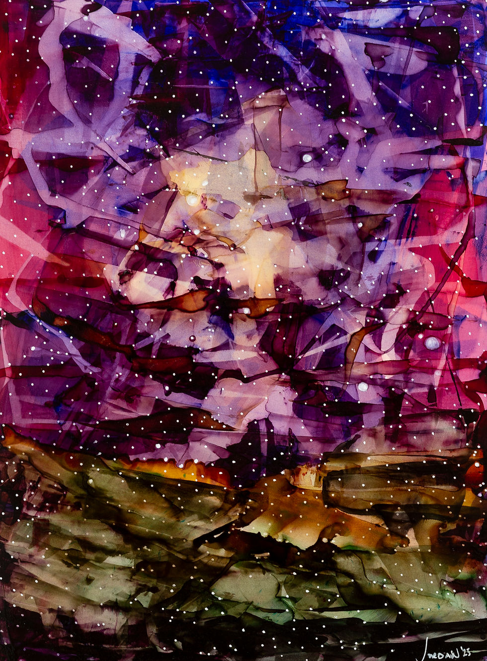 Last Light, Gentle Fire, 9" x 12", Alcohol Ink and Acrylic ink on Yupo, mounted on birch panel, $175