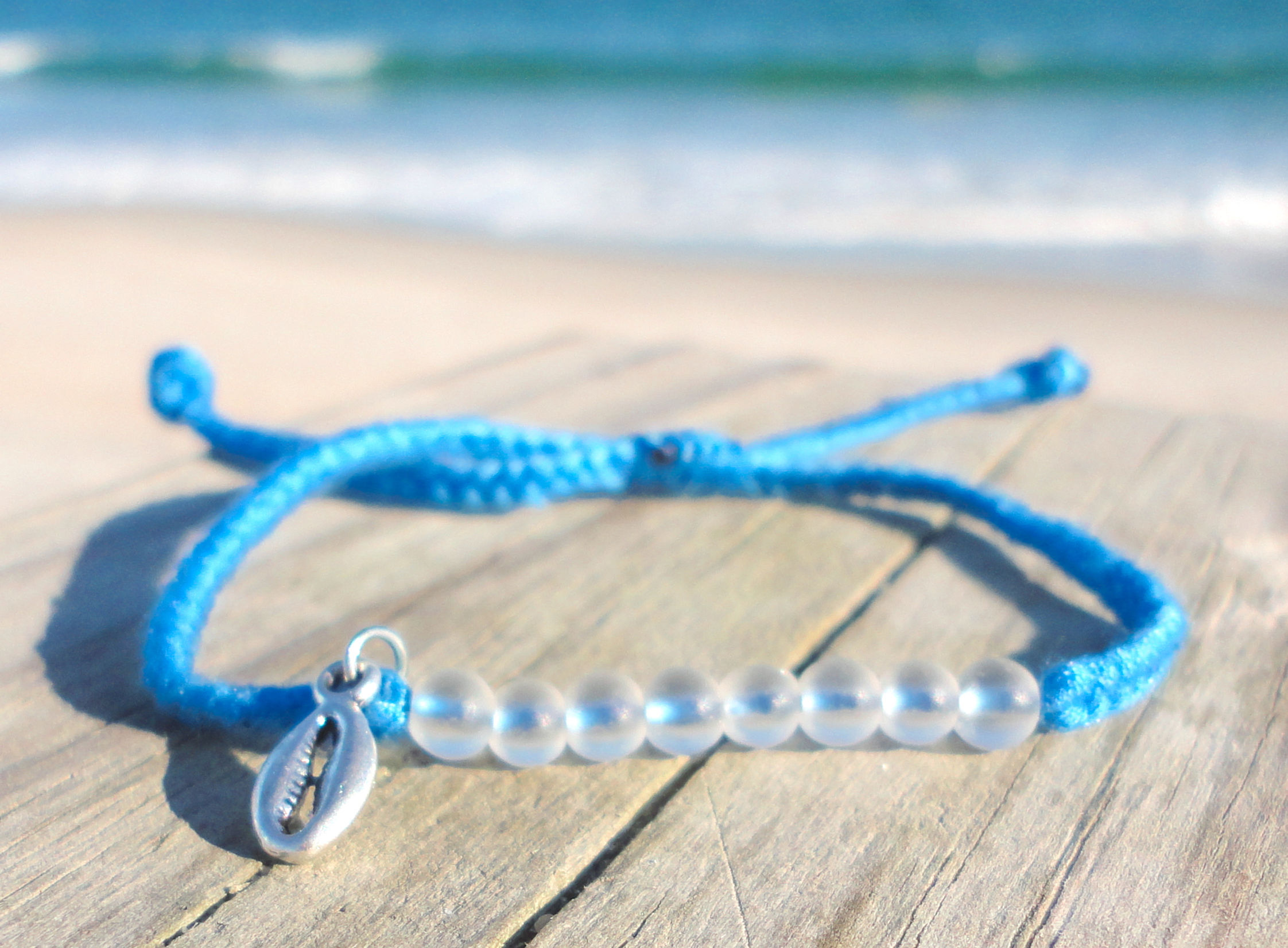 Silver Cowrie Sea Glass Bracelet-Adjustable Blue Thread Bracelet