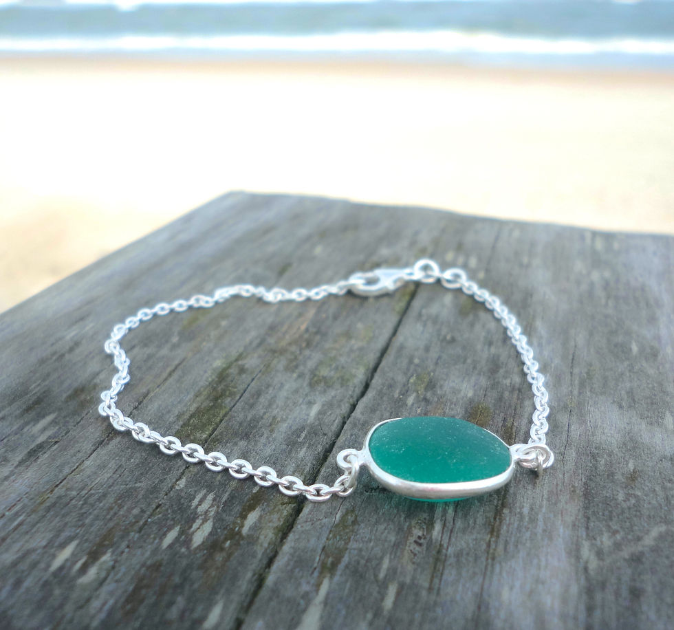 Thumbnail: Teal Green Sea Glass Bracelet-- Sterling Silver Beach Glass Bracelet
