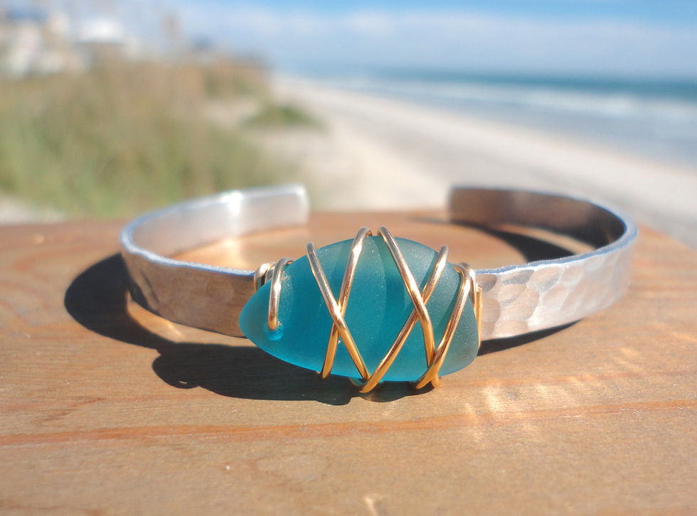 Thumbnail: Mixed Metal Wire Wrapped  Sea Glass Cuff Bracelet