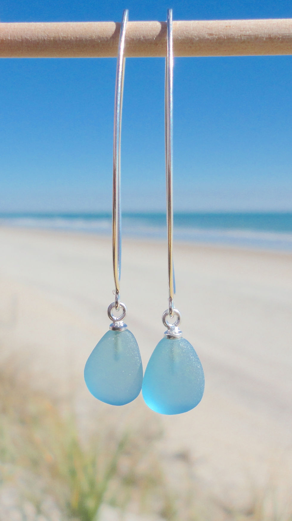 Blue Sea Glass Eclipse Drop Earrings-Sterling Silver Drop Earrings with Beach