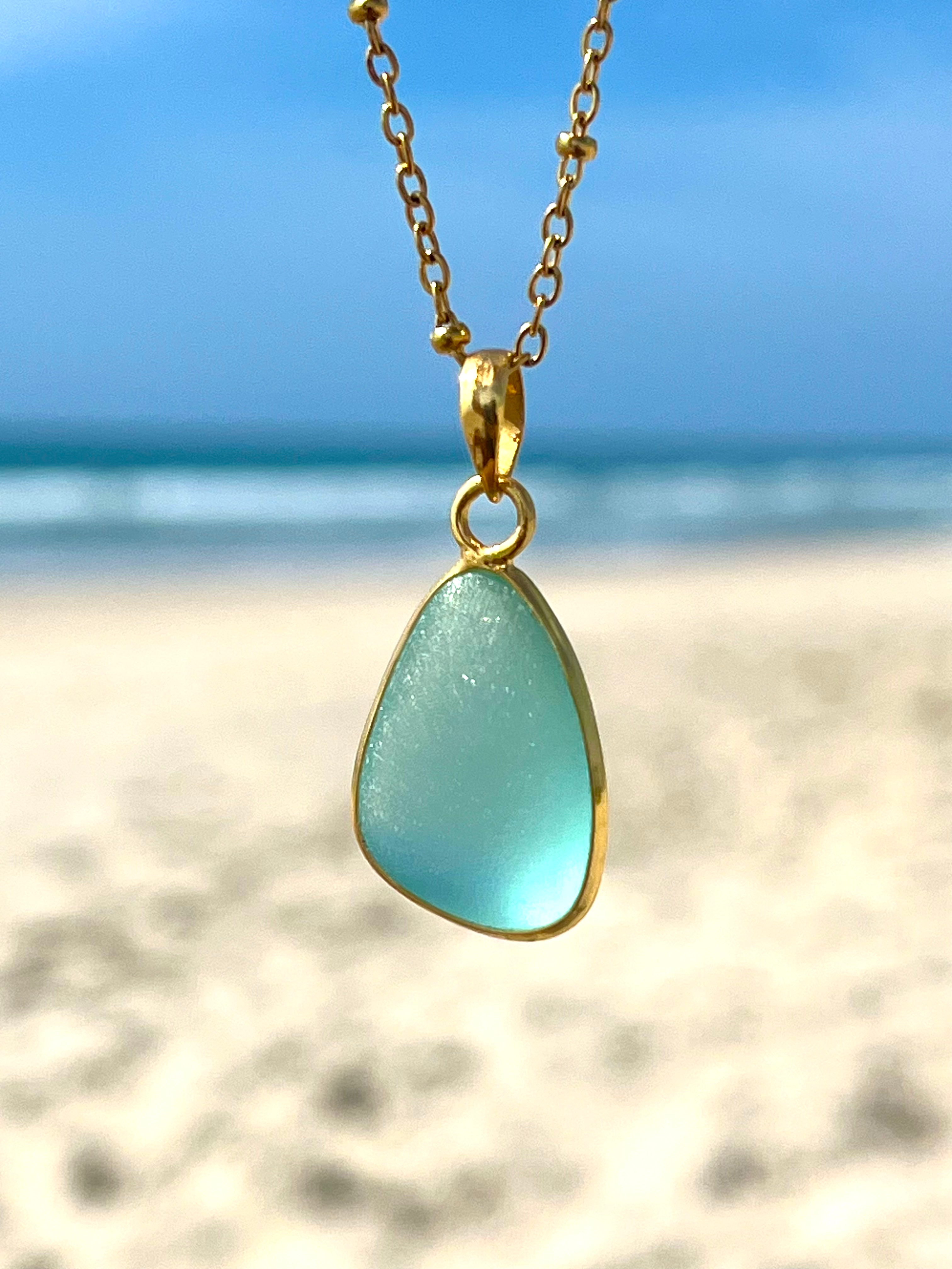 Gold Cornflower Blue Bezeled Sea Glass Necklace-Vermeil Gold Wire Wrappe