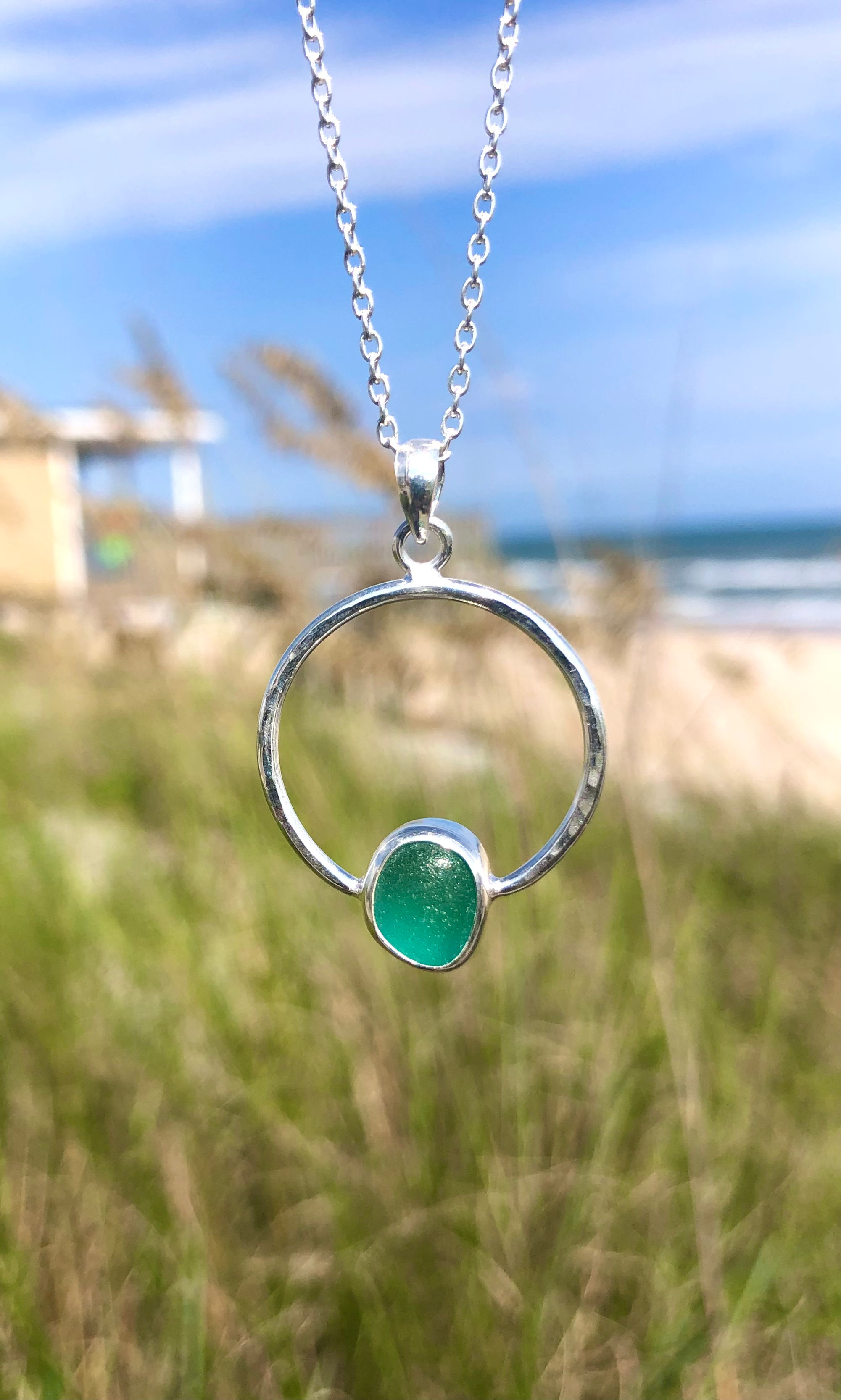 Teal Green Sea Glass Circle Pendant