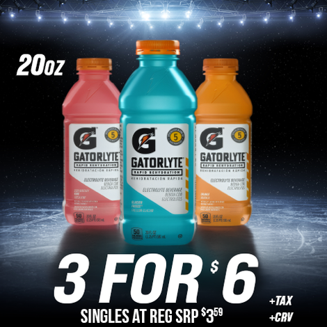 Gatorlyte 20oz 3 for $6 singles at reg $3.59 +tax +crv