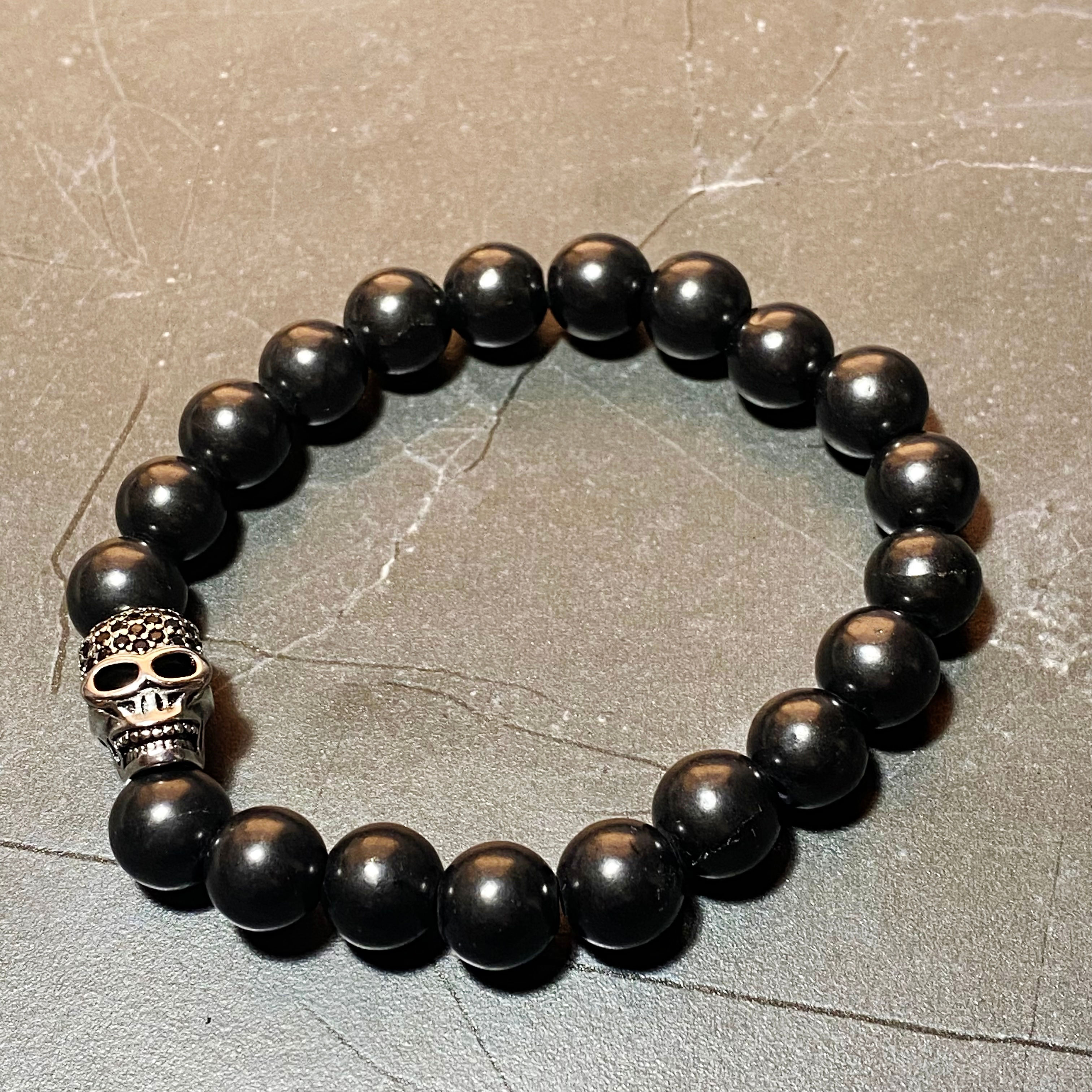 Shungite And Sterling Silver Bead "Skull - Pave" Bracelet